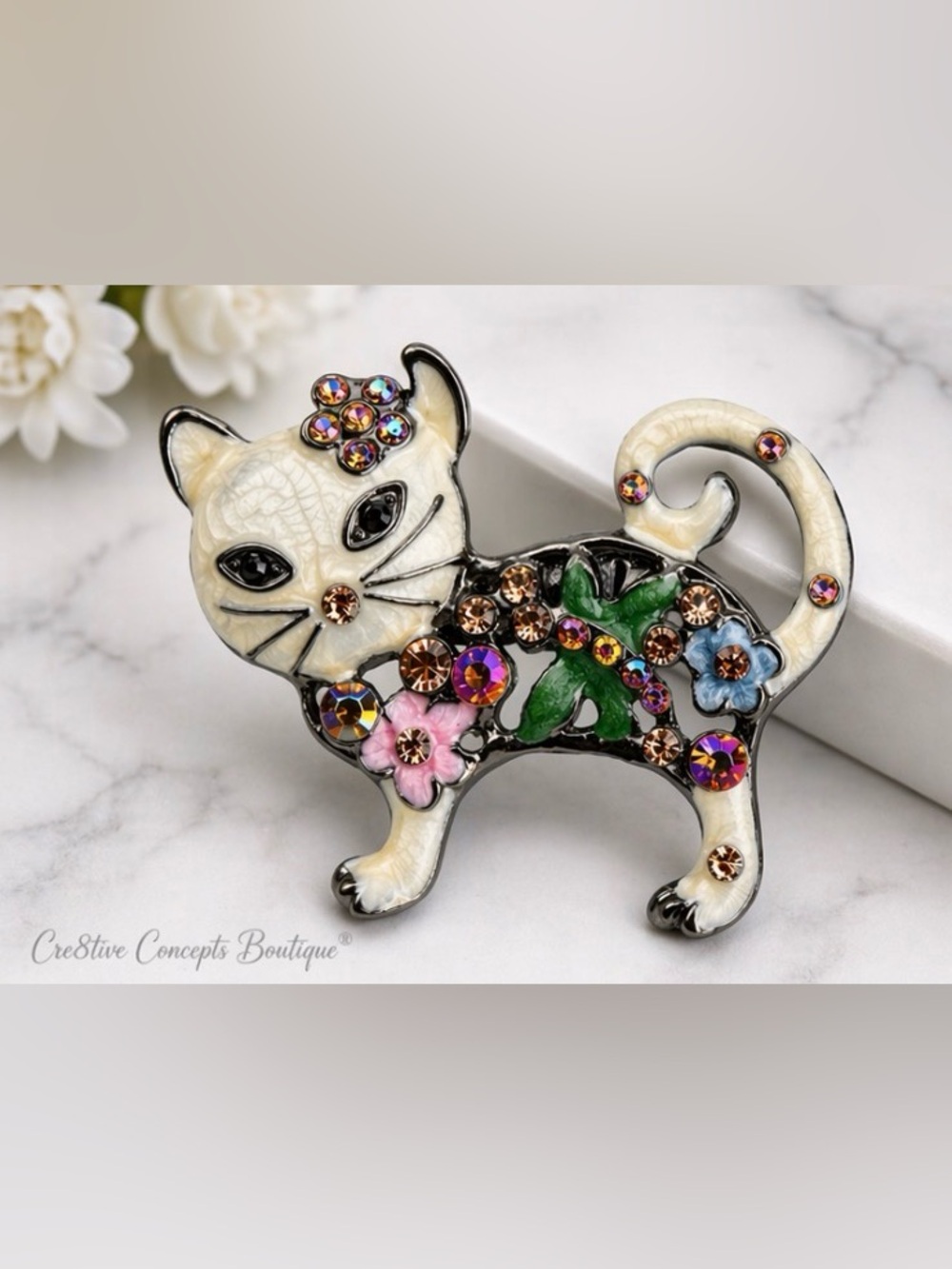 Vintage Style Floral Cat Brooch Rhinestone Enamel Pin Multicolor - Picture 2 of 2